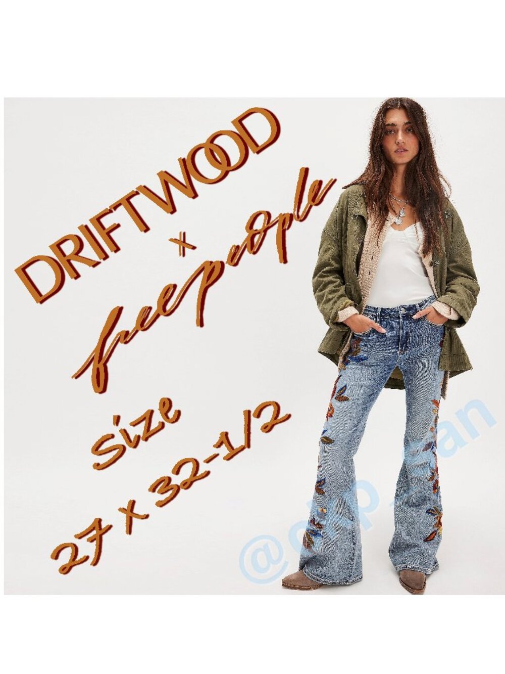 Free People x Driftwood Farrah Embroidered Flare Jeans Sz 27